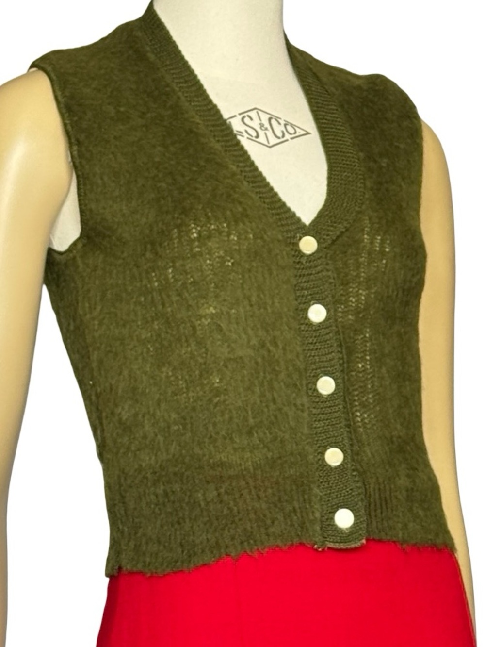 Vintage 60s Olive Green Mohair V-Neck Sweater Vest Crop Top ILGWU Sony Pictures